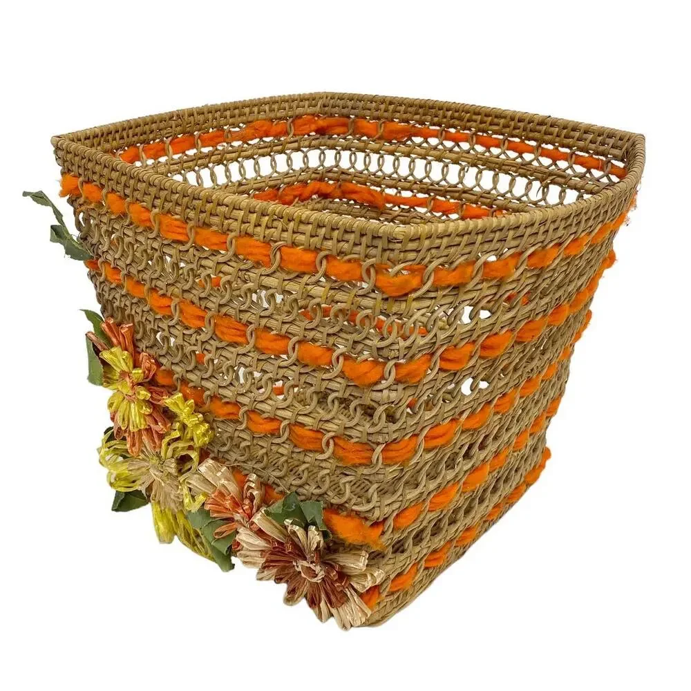 Vintage Straw Woven Square Floral Decor Bin Basket